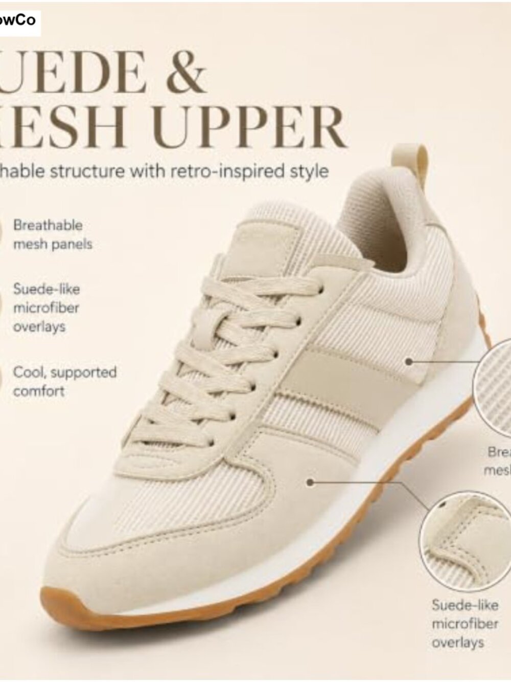 Retro Women's Sneakers Microfiber Suede Mesh Lace-Up Walking Shoes - Picture 3 of 6